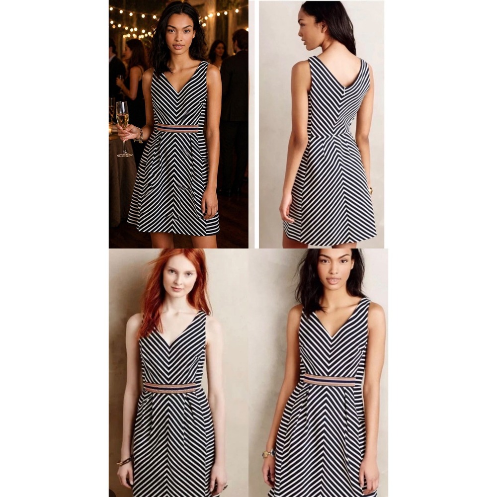 Maeve Anthropologie Navy Cream Striped V-Neck Fit & Flare Dress Size 4 Cotton
